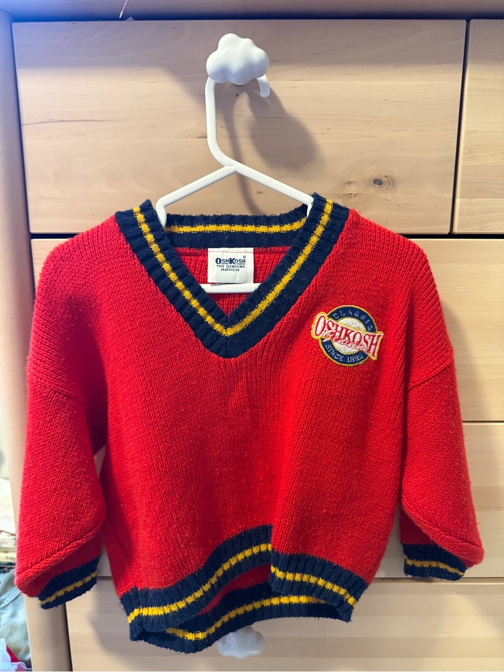 Vintage OshKosh Red V-Neck Sweater with Navy & Yellow Trim